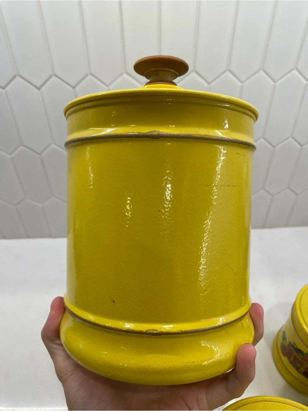 Vintage 1960 MCM Kromex Canister Set Yellow Floral Fruit Aluminum Nesting